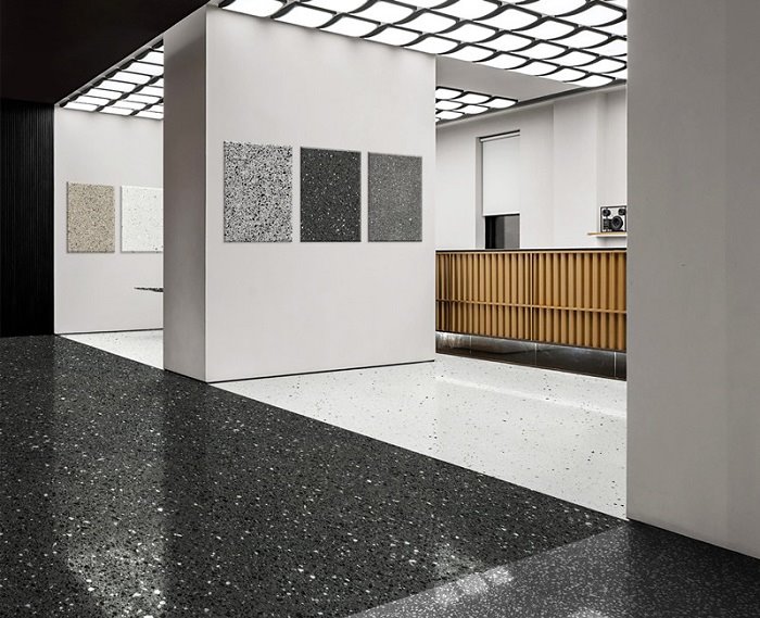 black terrazzo tile polish countertop